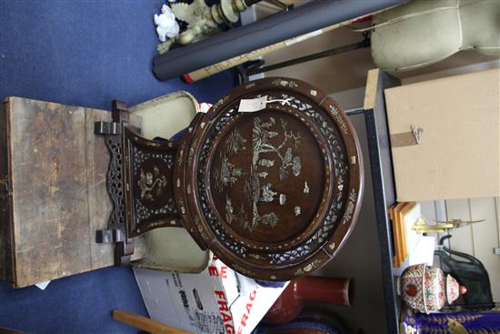 A Chinese rosewood and mother of pearl inlaid table screen, width 51cm height 75cm, old repairs